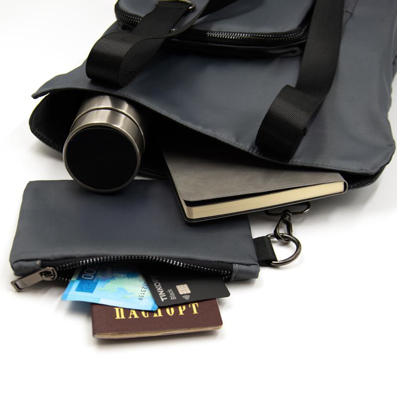 Шоппер Superbag Pocket, с внутренним креплением-карабин и чехлом для мелочей (серый с черным)
