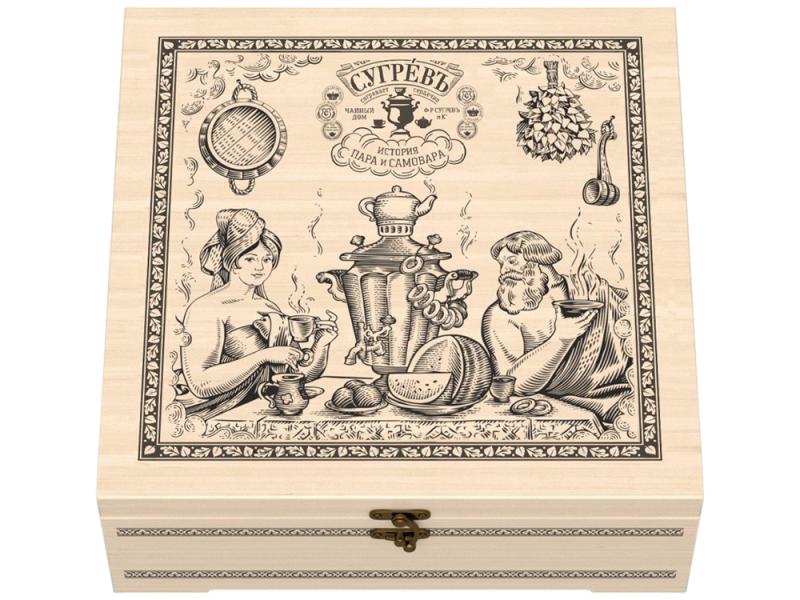 Подарочный набор с чаем и эфирными маслами История пара и самовара в деревянной шкатулке