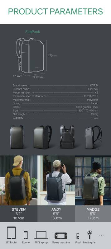 Рюкзак KORIN FlipPack 47х30х17 см, черный