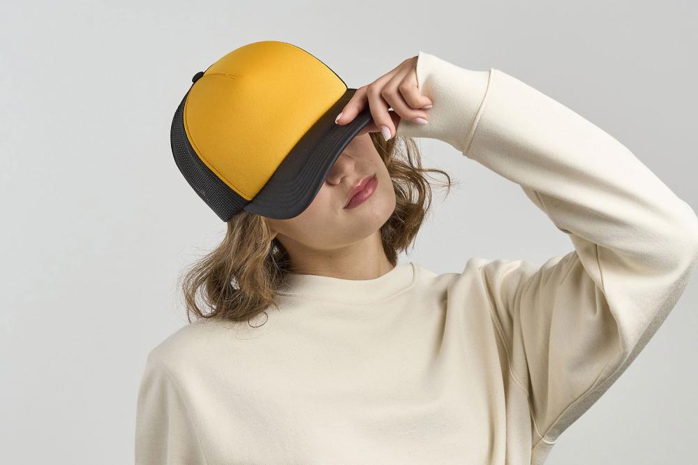 Бейсболка "RAPPER-S", 5 клиньев, пласт. заст, белый/жёлтый,100% переработанный полиэстер, 80 г/м2