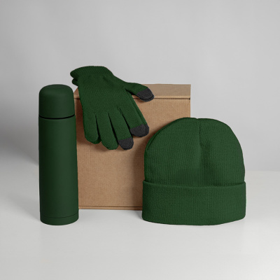 Набор подарочный GET WARM: перчатки, шапка, термос, зеленый